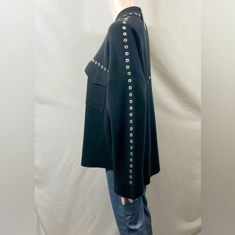 MAJE Knitted Eyelet Black Oversized Over Shirt with Silver Hardware Size: 2
